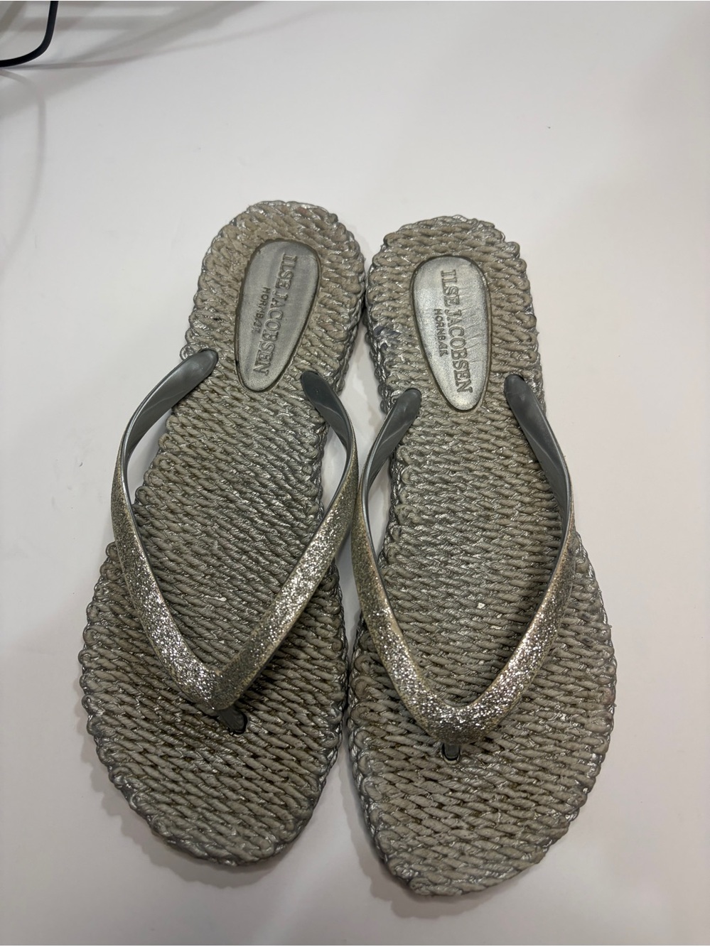 Ilse Jacobsen Metallic Silver Woven Flip-Flop Sandals
